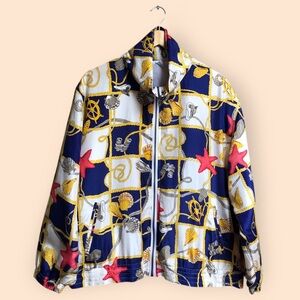 Vintage 80s Silk Nautical Patterned Full Zip Jacket Sailor Boat Coastal Women M